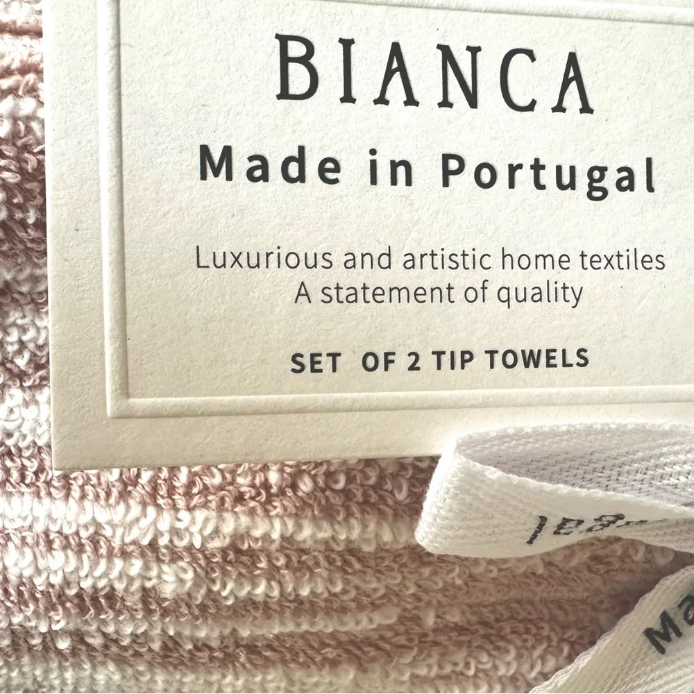 Bianca Cotton Tip Towels Set of 2 Made in Portugal Dusty light Peach & Ivory NEW